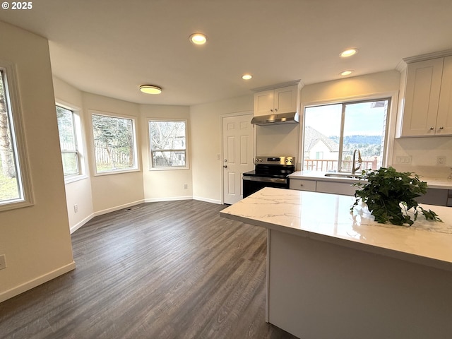 kitchen featuring dark hardwood / wood-style floors, light stone countertops, sink, and electric range