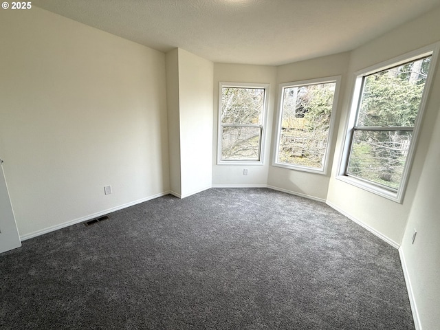 carpeted empty room with a textured ceiling