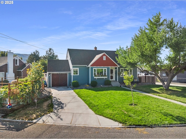 view of front of property featuring a garage, concrete driveway, a chimney, fence, and a front lawn