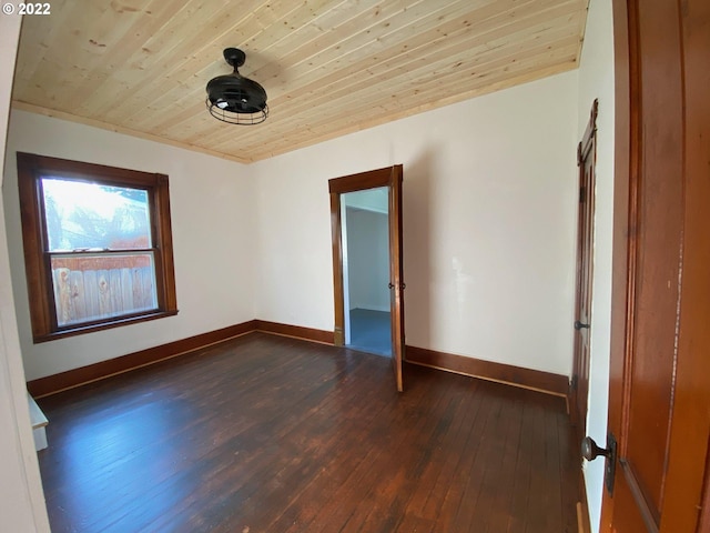spare room featuring wooden ceiling, dark wood-style floors, and baseboards