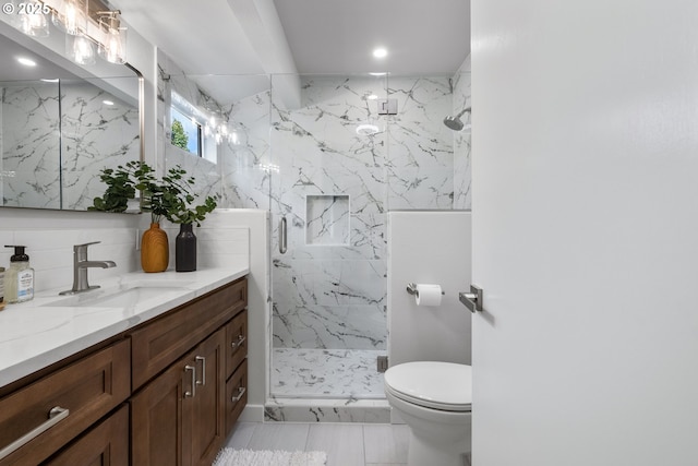 18478 Rose Ct, West Linn, OR 97068 - full bathroom featuring vanity, a marble finish shower, and recessed lighting