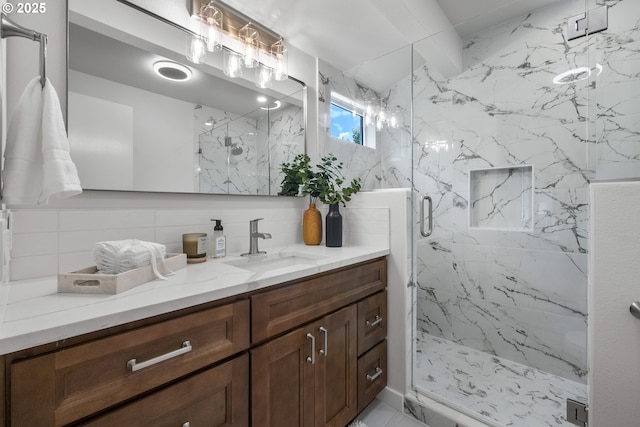 18478 Rose Ct, West Linn, OR 97068 - full bath featuring vanity, tasteful backsplash, and a marble finish shower