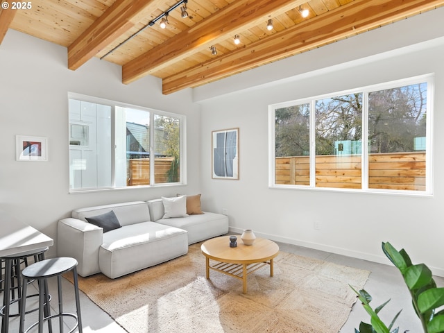 sunroom with wood ceiling, track lighting, and beamed ceiling