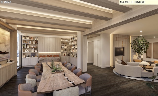 living room featuring built in features, beam ceiling, and dark hardwood / wood-style floors