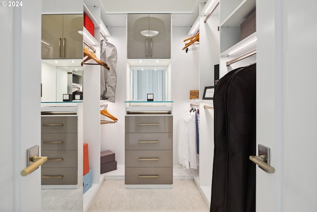 spacious closet featuring light carpet