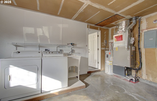 laundry area with electric water heater, heating unit, electric panel, and washer and clothes dryer