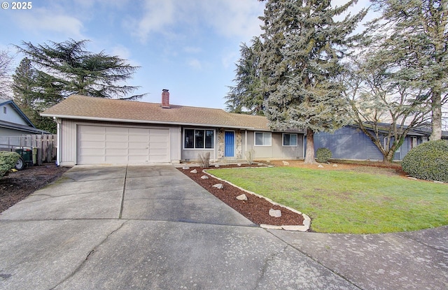 ranch-style home with a garage and a front yard