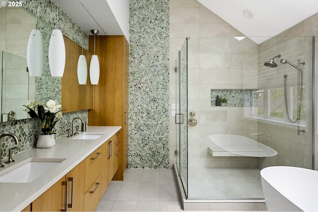 1916 NW Runnymeade Ct, Portland, OR 97229 - full bathroom with a shower stall, tile patterned floors, a soaking tub, double vanity, and tile walls