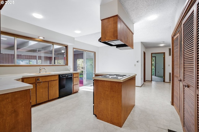 kitchen featuring recessed lighting, light countertops, a sink, black dishwasher, and brown cabinetry