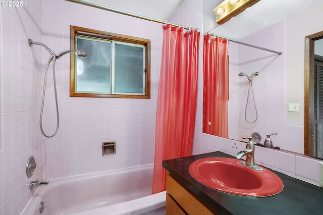bathroom with vanity, shower / bath combo, and decorative backsplash