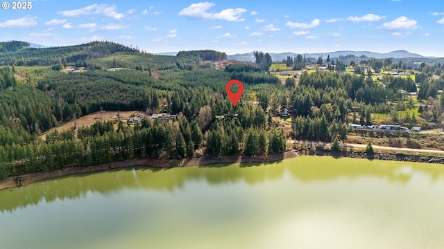 drone / aerial view with a water and mountain view and a forest view