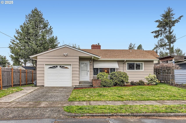 view of front of house with a garage, driveway, a chimney, and fence