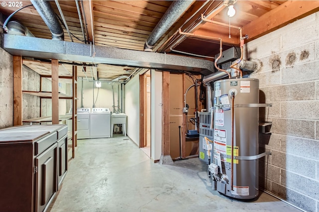 unfinished below grade area featuring water heater, independent washer and dryer, and a sink