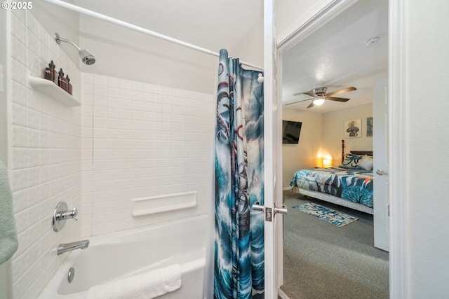 bathroom featuring ceiling fan and shower / tub combo