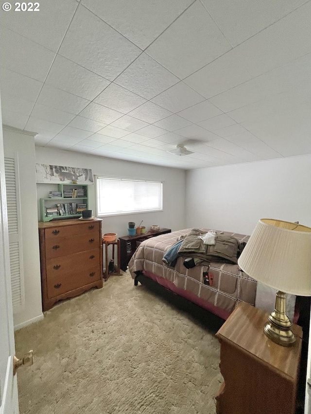 carpeted bedroom with a paneled ceiling