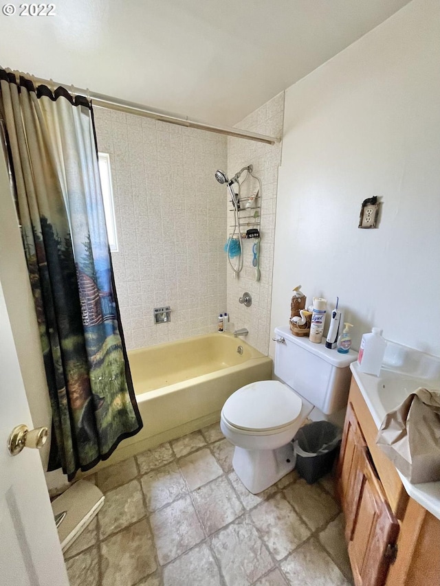 full bathroom featuring vanity, tile flooring, shower / bath combo, and toilet