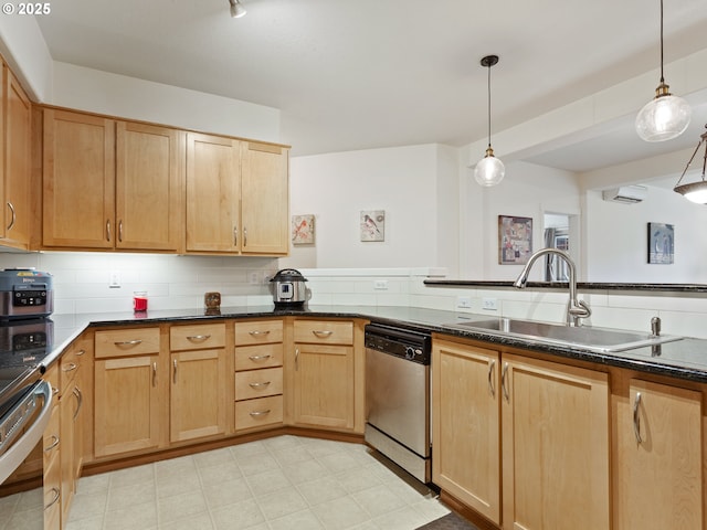 635 NW Lost Springs Ter Unit 104, Portland, OR 97229 - kitchen with stainless steel dishwasher, a sink, decorative light fixtures, and light brown cabinets