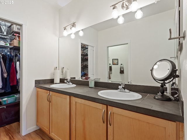 bathroom featuring a walk in closet, double vanity, a sink, and wood finished floors