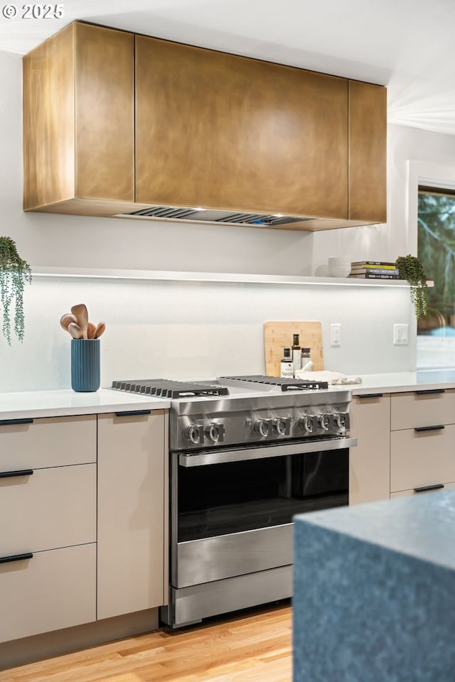 kitchen with light hardwood / wood-style floors, exhaust hood, and stainless steel gas range oven