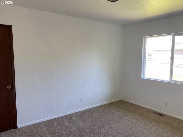 carpeted spare room with visible vents, baseboards, and a textured ceiling