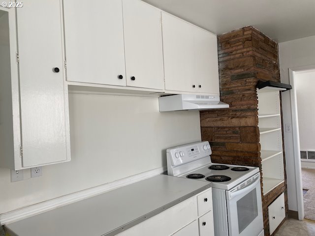 kitchen featuring ventilation hood, electric range, and white cabinetry