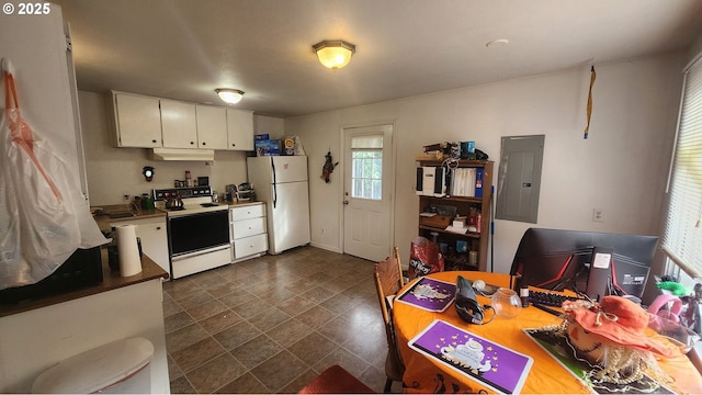 260 Pleasant Ave, Roseburg, OR 97470 - kitchen featuring white appliances, electric panel, under cabinet range hood, and white cabinets
