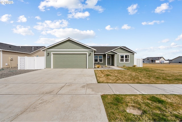 ranch-style house with an attached garage, a front lawn, fence, and concrete driveway