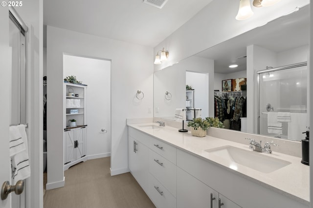 bathroom featuring a sink, double vanity, and a stall shower