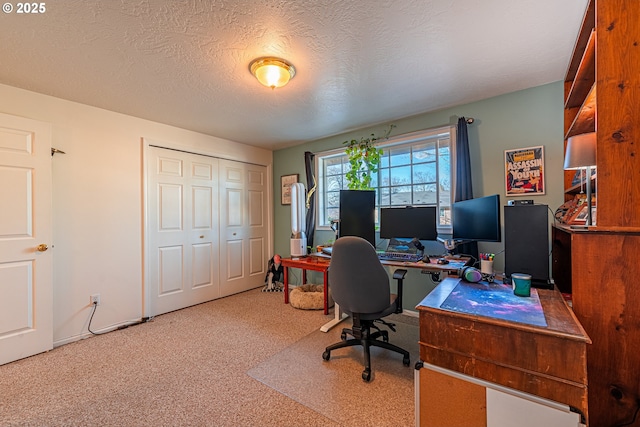 office area with a textured ceiling and carpet