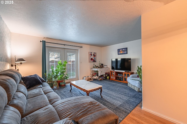 living room featuring hardwood / wood-style floors and a textured ceiling