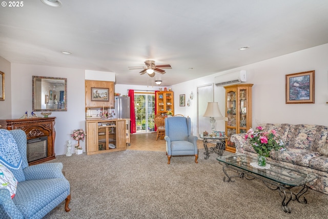 946 E 9th Pl, Coquille, OR 97423 - carpeted living area with a wall mounted air conditioner, ceiling fan, and recessed lighting
