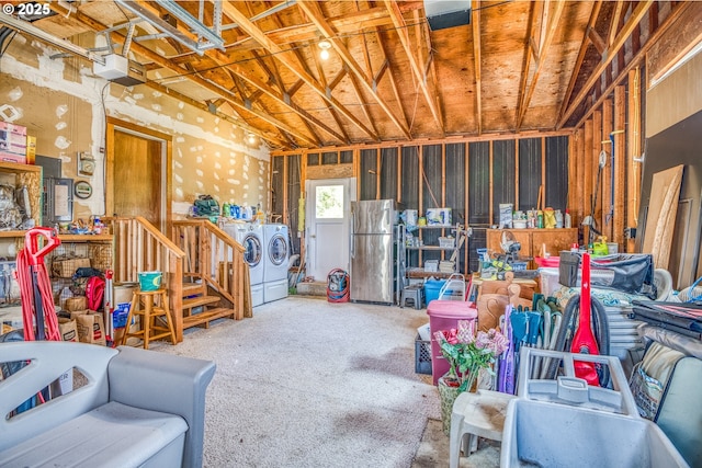 946 E 9th Pl, Coquille, OR 97423 - below grade area with freestanding refrigerator, washer and clothes dryer, and carpet flooring