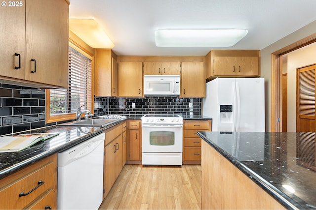 kitchen with sink, decorative backsplash, white appliances, and light hardwood / wood-style flooring