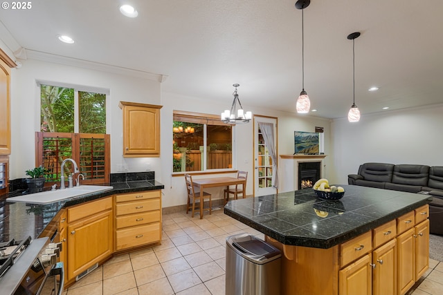 61 SW Wallingford Way, Beaverton, OR 97006 - kitchen with a sink, tile counters, light tile patterned floors, open floor plan, and recessed lighting