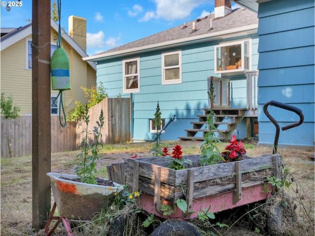 1466 8th St, Astoria, OR 97103 - rear view of property featuring a vegetable garden, a chimney, and a shingled roof