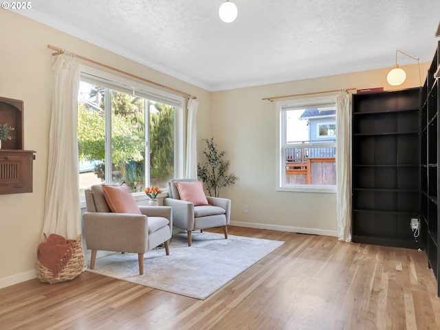 1466 8th St, Astoria, OR 97103 - living area featuring plenty of natural light, light wood-type flooring, baseboards, a textured ceiling, and ornamental molding