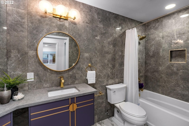 full bathroom featuring tile walls, shower / bath combination with curtain, toilet, and vanity