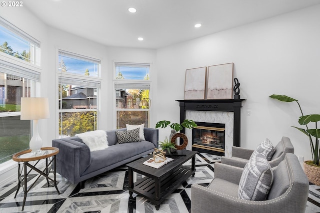 living room with a fireplace