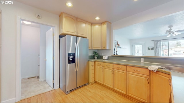 kitchen with a ceiling fan, light brown cabinets, recessed lighting, stainless steel fridge, and light wood finished floors