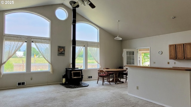 36582 Valley View Ln, Halfway, OR 97834 - living area featuring carpet floors, plenty of natural light, a wood stove, and visible vents