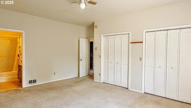 36582 Valley View Ln, Halfway, OR 97834 - unfurnished bedroom with multiple closets, carpet, baseboards, ensuite bathroom, and visible vents