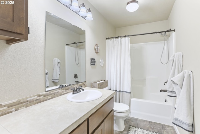52193 SE Tussing Way, Scappoose, OR 97056 - full bath with toilet, vanity, shower / tub combo with curtain, and decorative backsplash