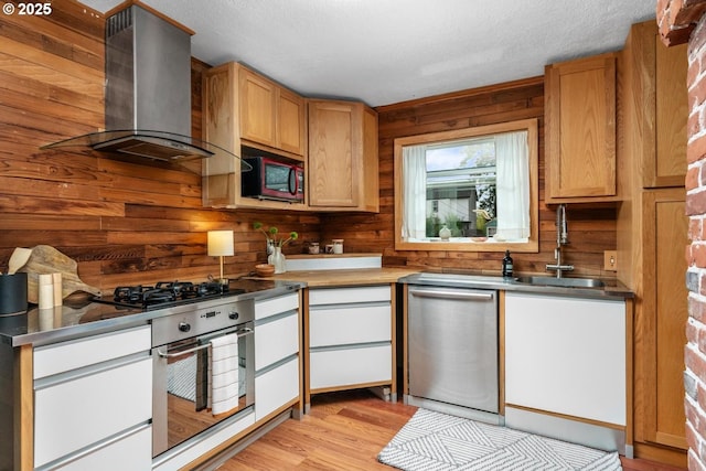 kitchen with wooden walls, light wood-style flooring, a sink, stainless steel appliances, and wall chimney exhaust hood