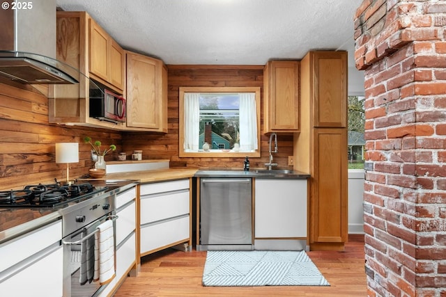 kitchen with light wood-type flooring, a sink, a textured ceiling, appliances with stainless steel finishes, and wall chimney range hood