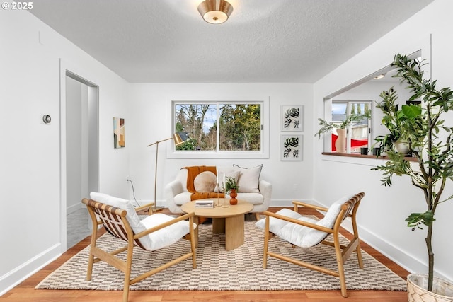 living area featuring wood finished floors, baseboards, and a textured ceiling