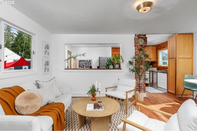 living area with light wood-type flooring and a textured ceiling