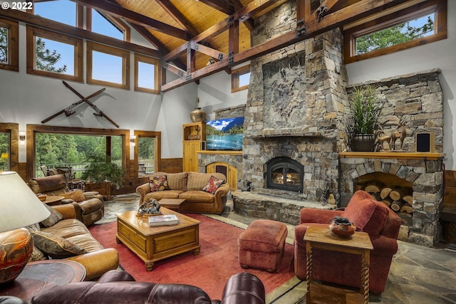 living room featuring wood ceiling, beamed ceiling, high vaulted ceiling, and a fireplace