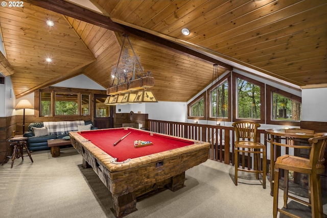 recreation room with wood ceiling, vaulted ceiling with beams, light carpet, and pool table