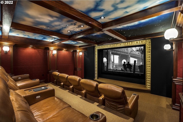 home theater featuring ornate columns, coffered ceiling, dark carpet, and beamed ceiling