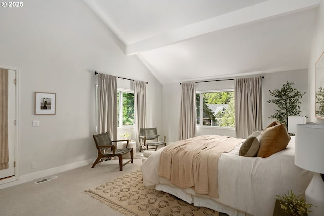 bedroom featuring light colored carpet, multiple windows, beamed ceiling, baseboards, and high vaulted ceiling